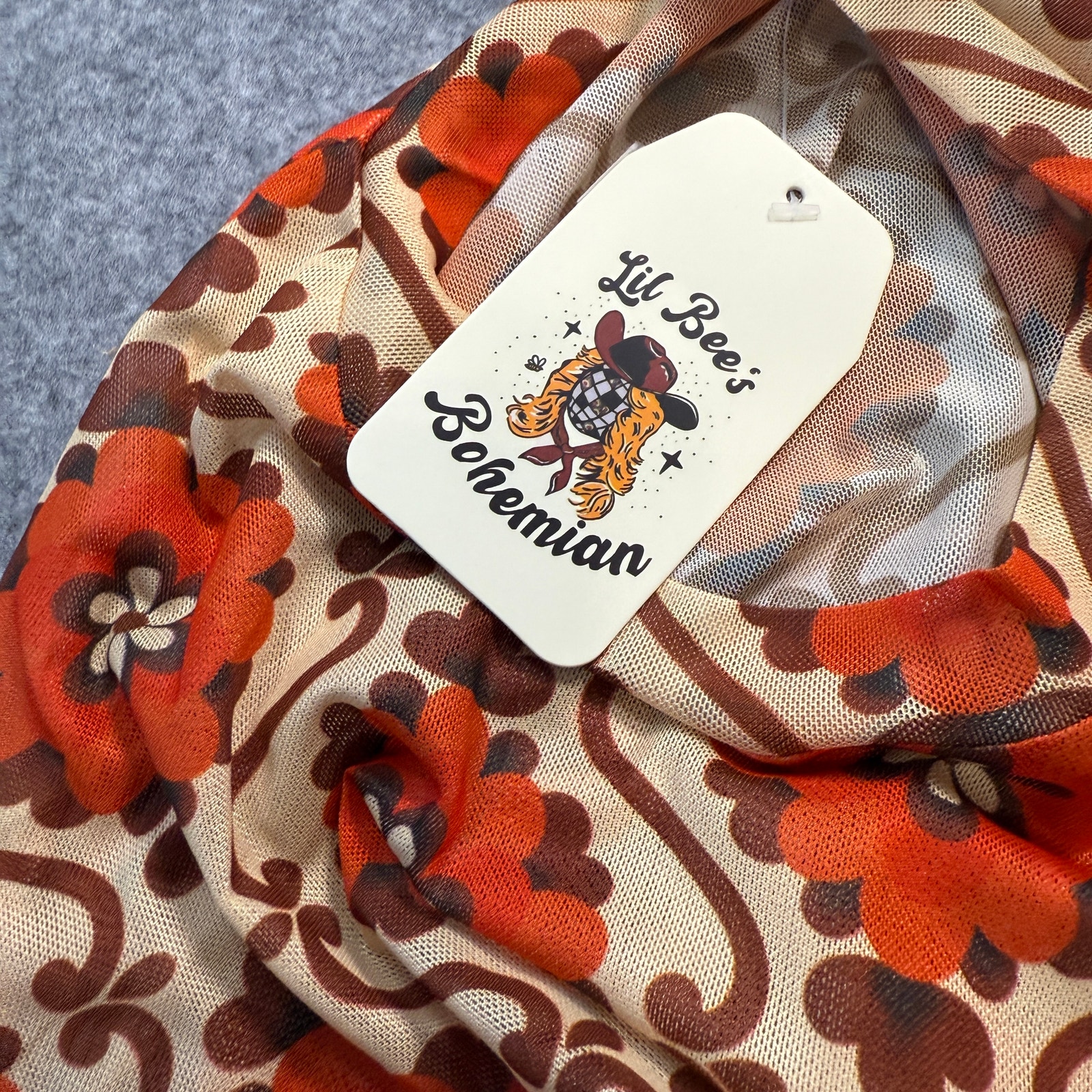 Women's Lil Bee's Bohemian Orange Cream Retro Floral Graphic Sheer Top Sz M New — image 3 of 8
